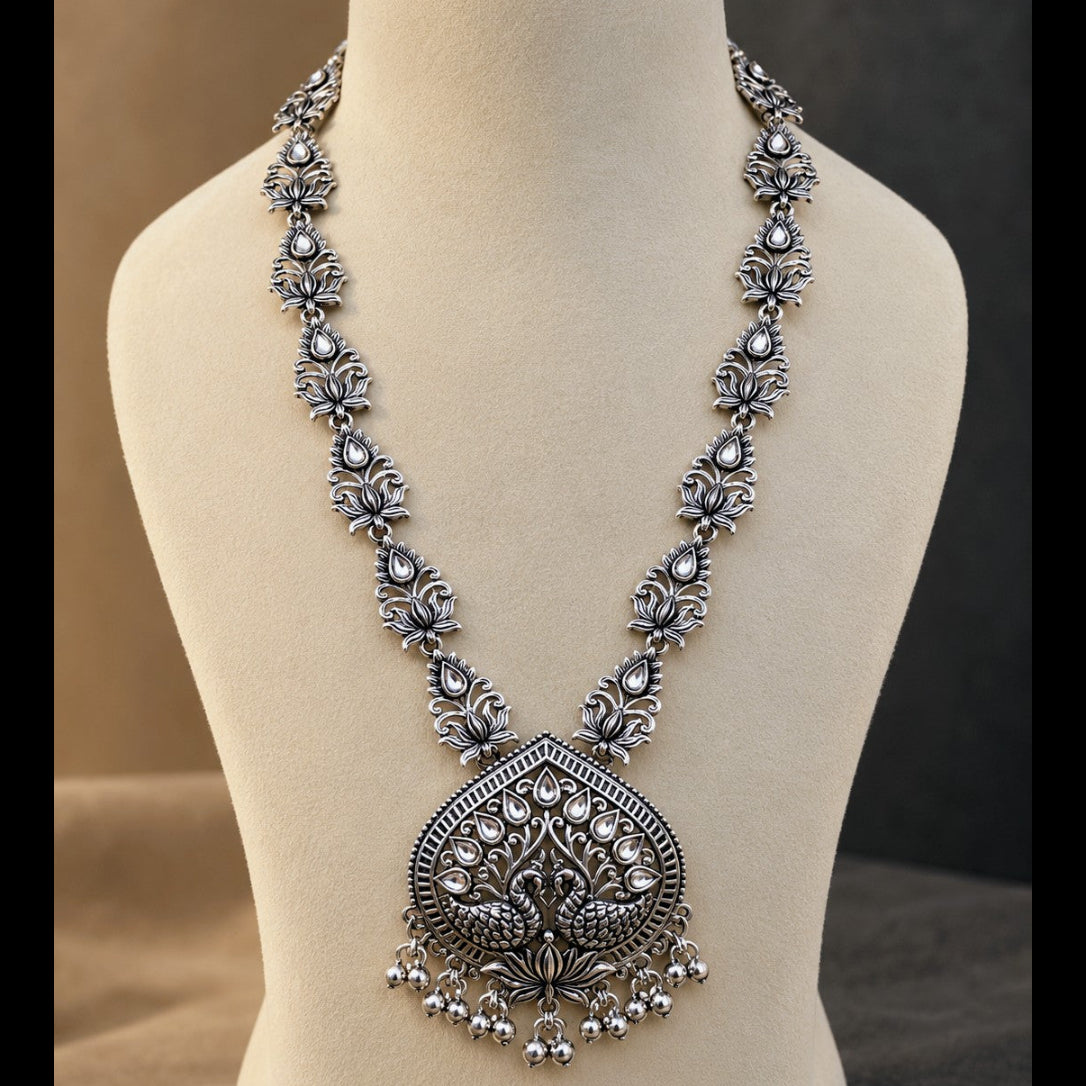 Oxidised Lotus Swan Kundan Long Necklace