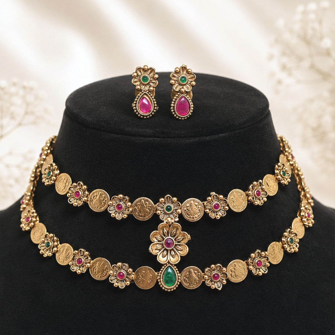 Layered Coin Floral Necklace Set