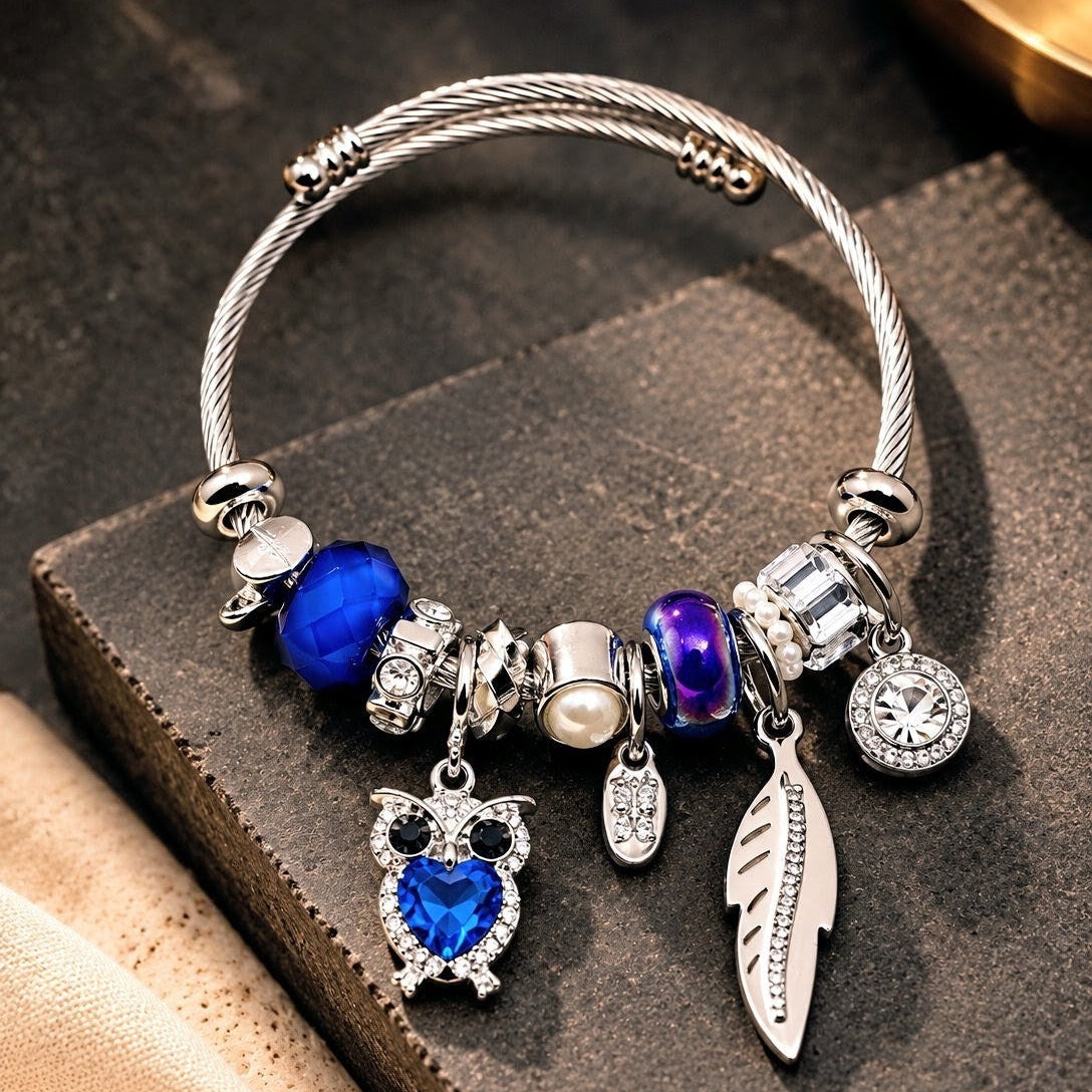 Sapphire Owl Feather Charm Bangle