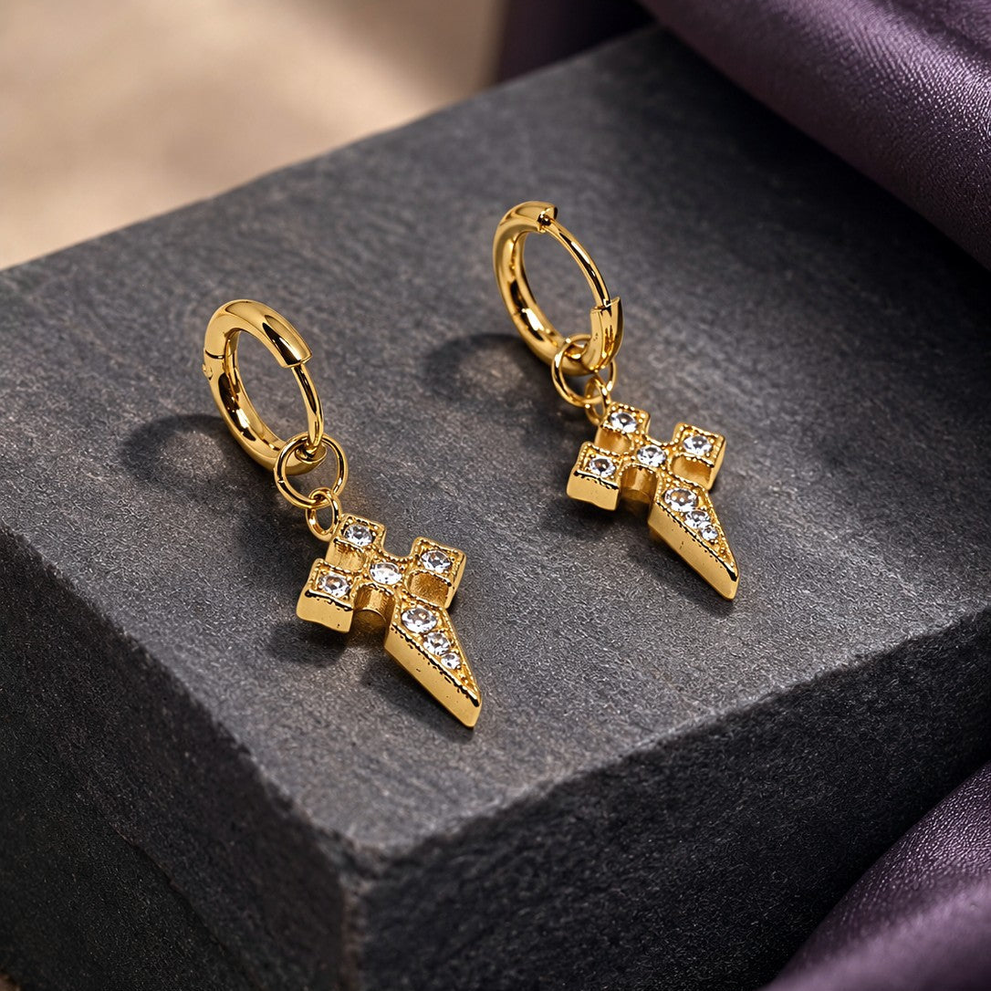 Gothic Dagger Cross Huggies Drop Earrings
