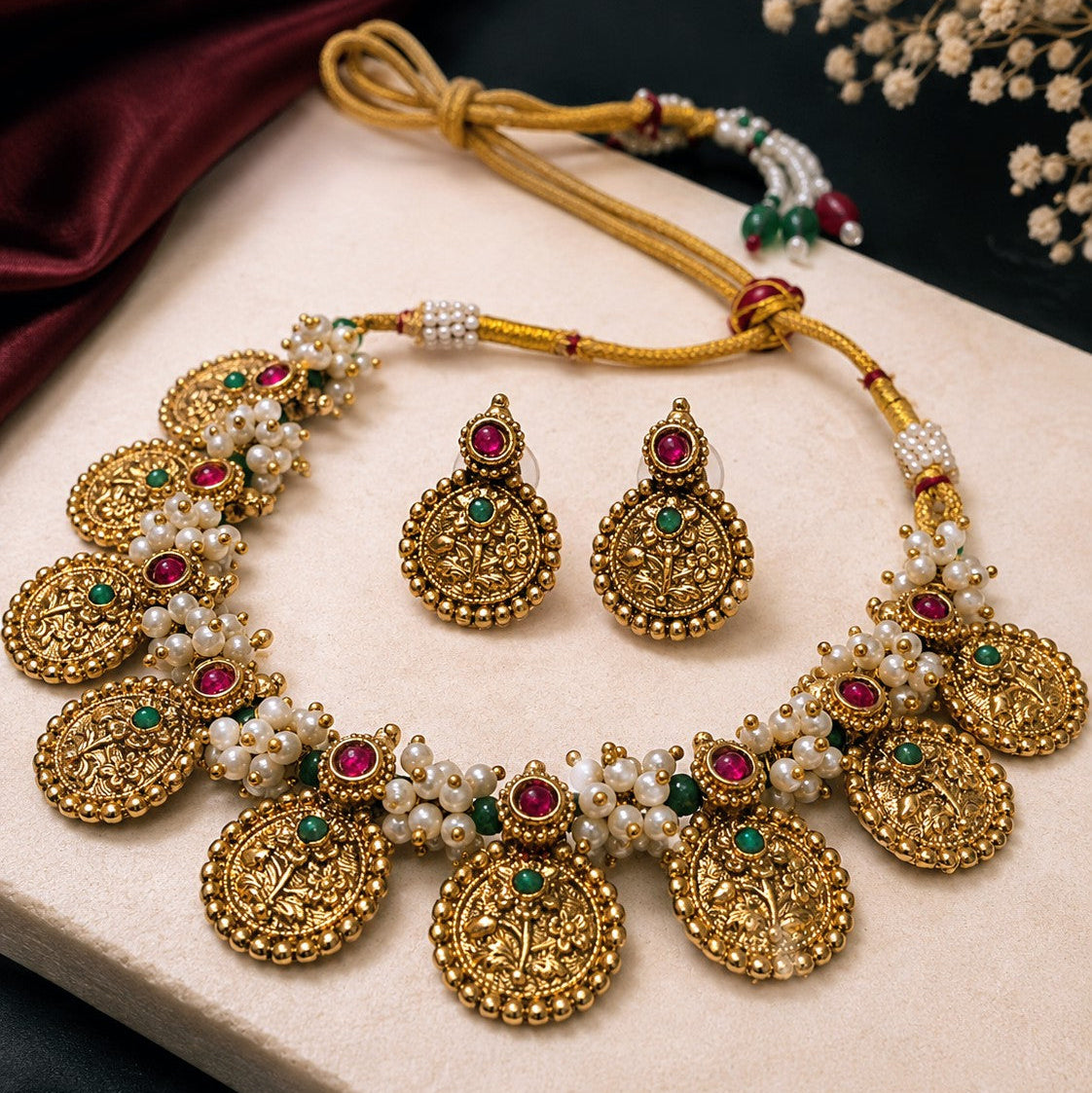 Floral Medallion Pearl Necklace Set