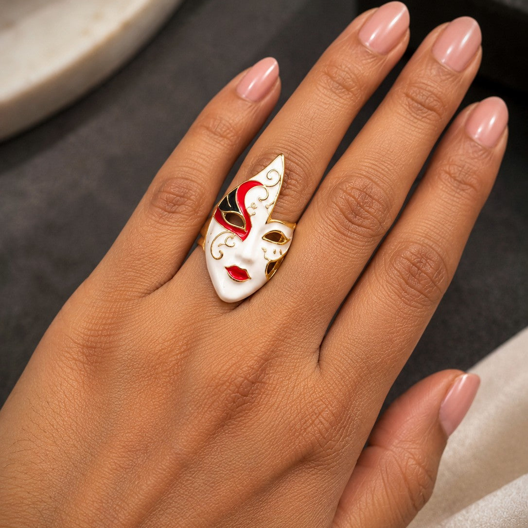 Enamel Masquerade Mask Cocktail Ring