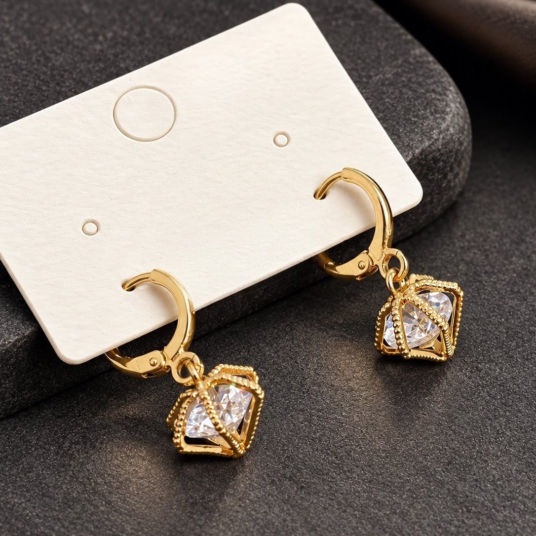 Caged Square CZ Huggies Drop Earrings