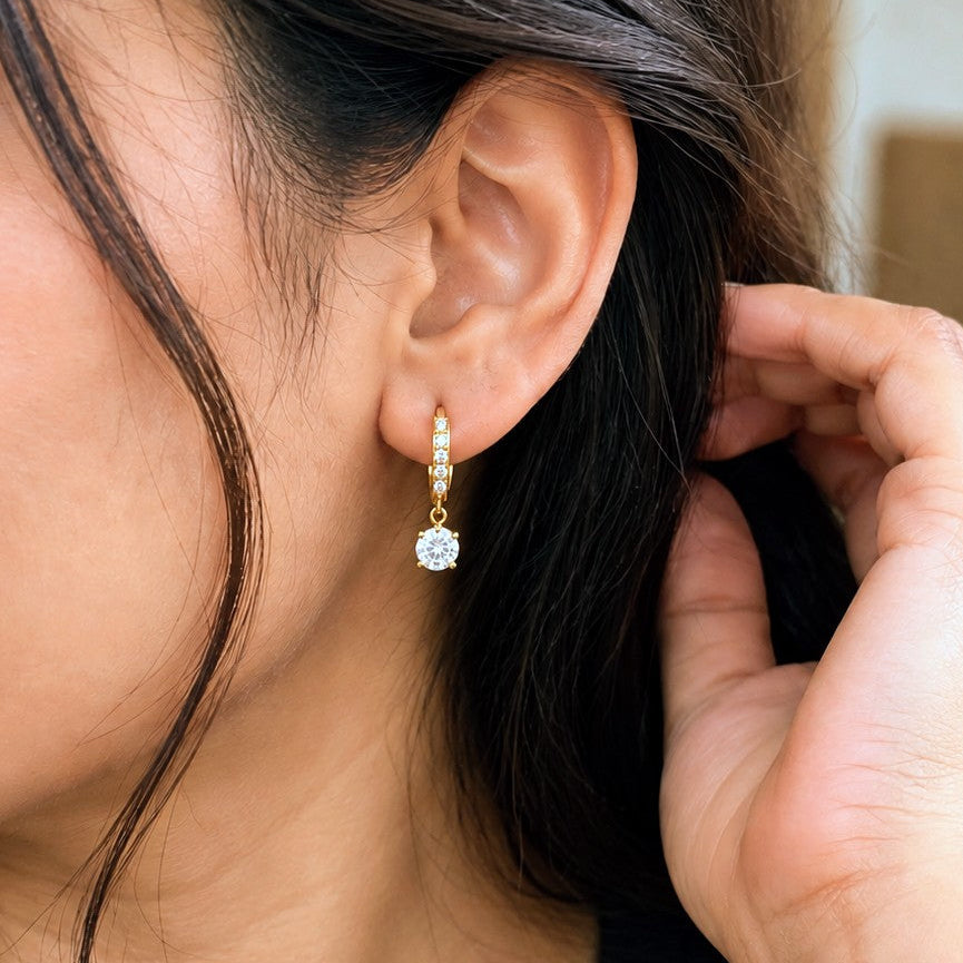 Round CZ Solitaire Pavé Huggies Drop Earrings