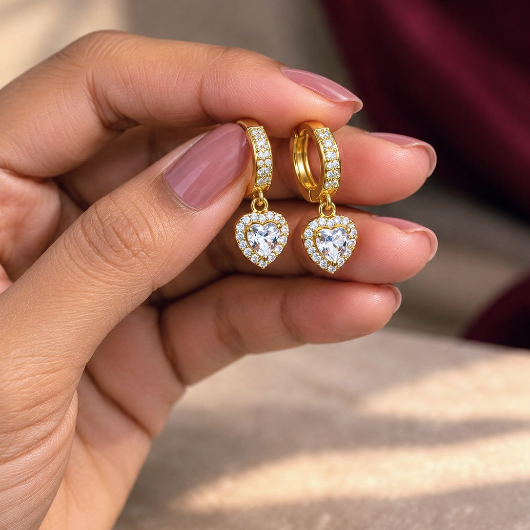 Heart Halo CZ Huggies Drop Earrings