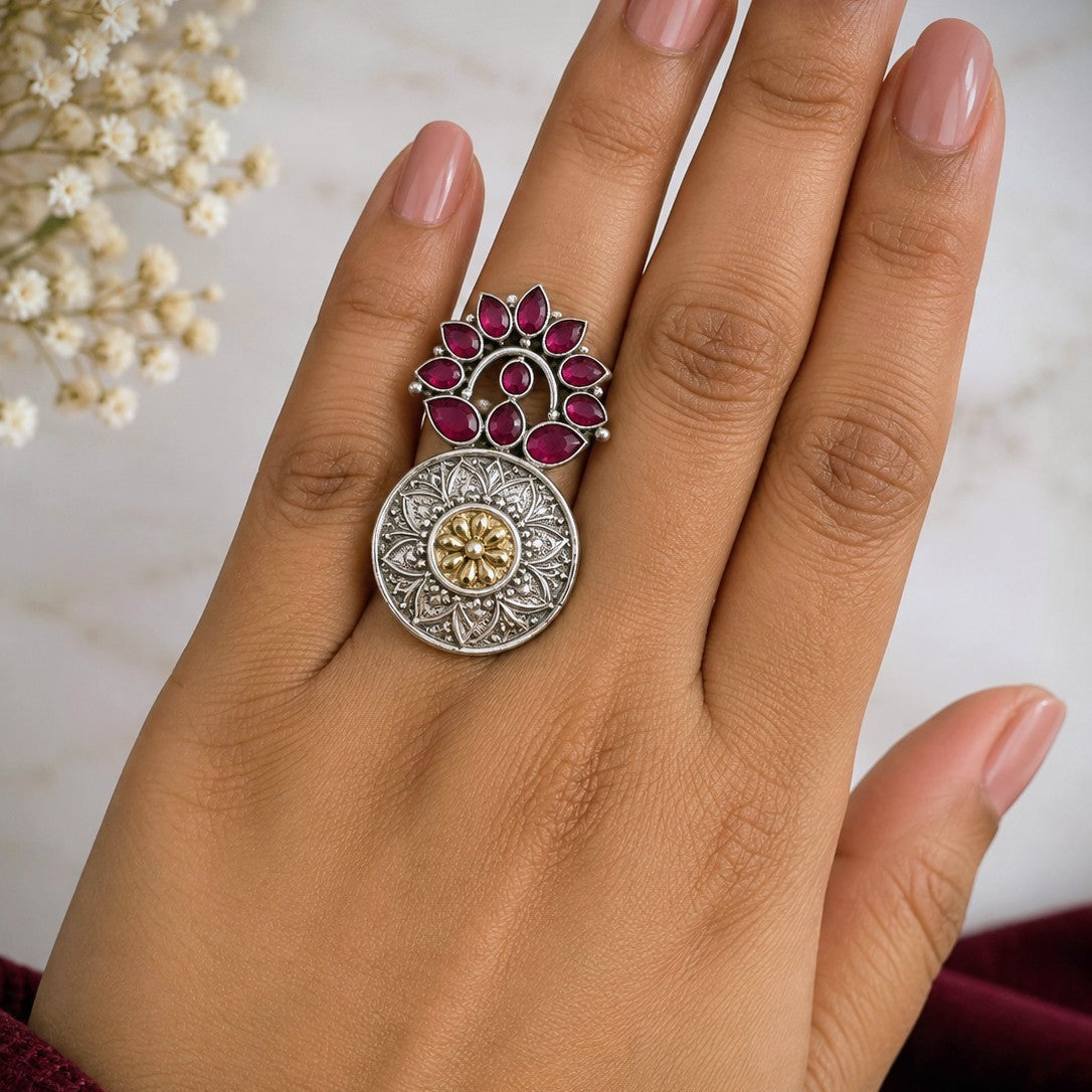 Oxidised Medallion Crown Ring