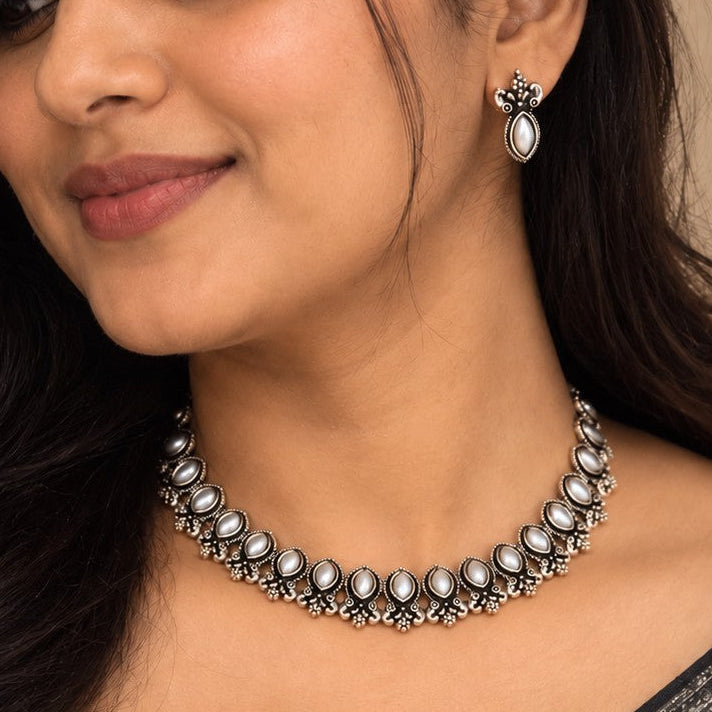 Oxidised Marquise Pearl Choker Necklace Set