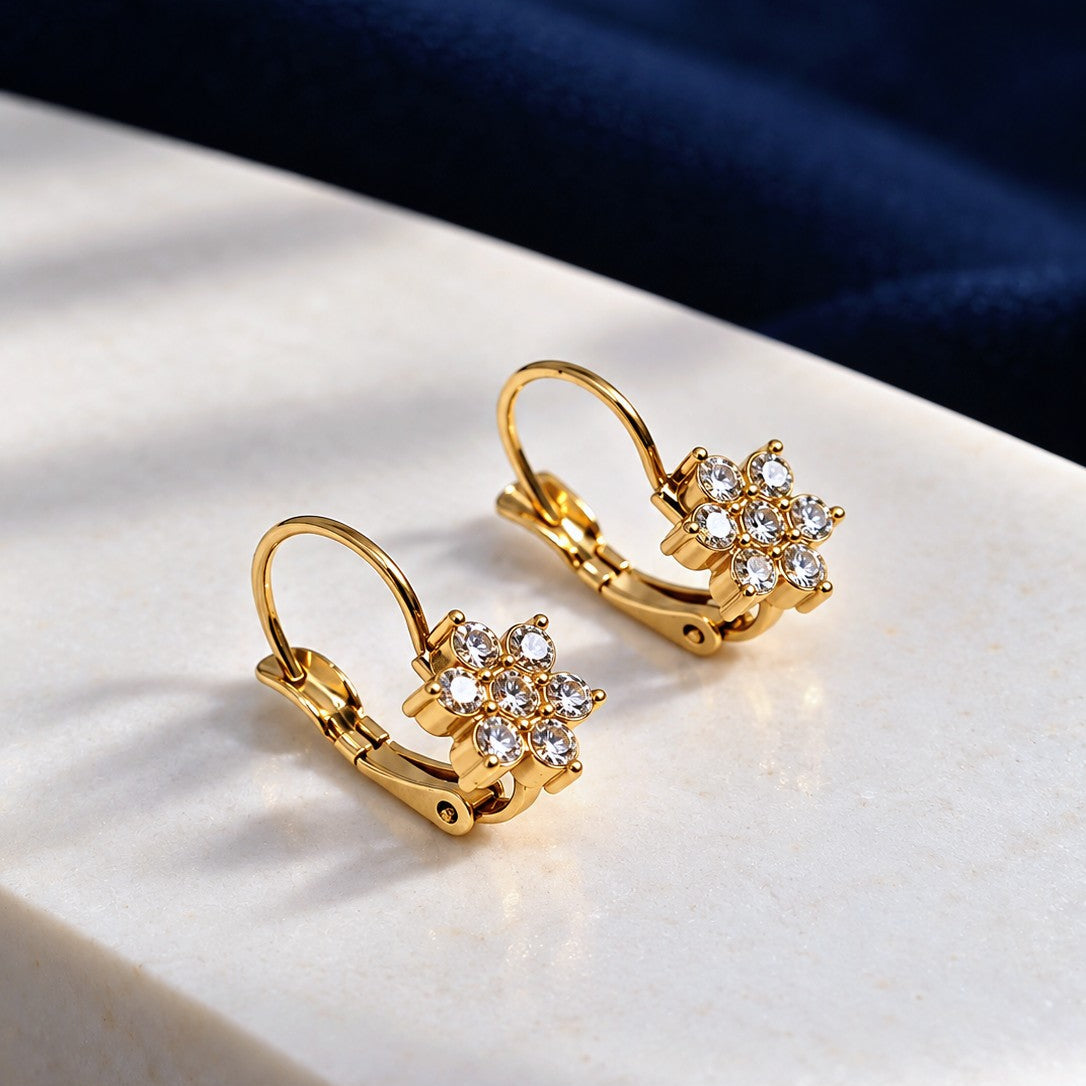 CZ Flower Cluster Leverback Earrings