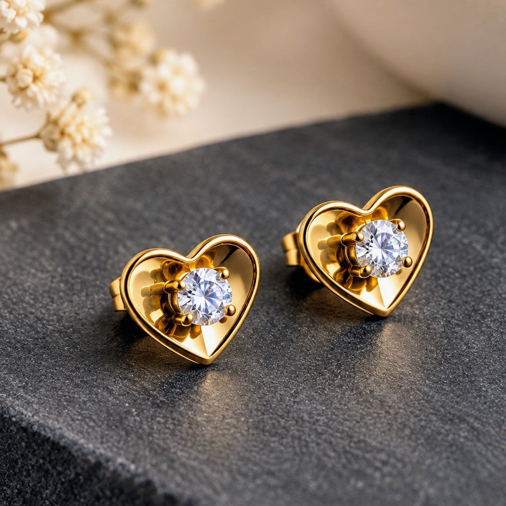 CZ Solitaire Heart Stud Earrings