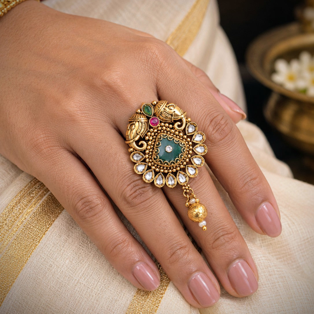 Elephant Medallion Kundan Ring