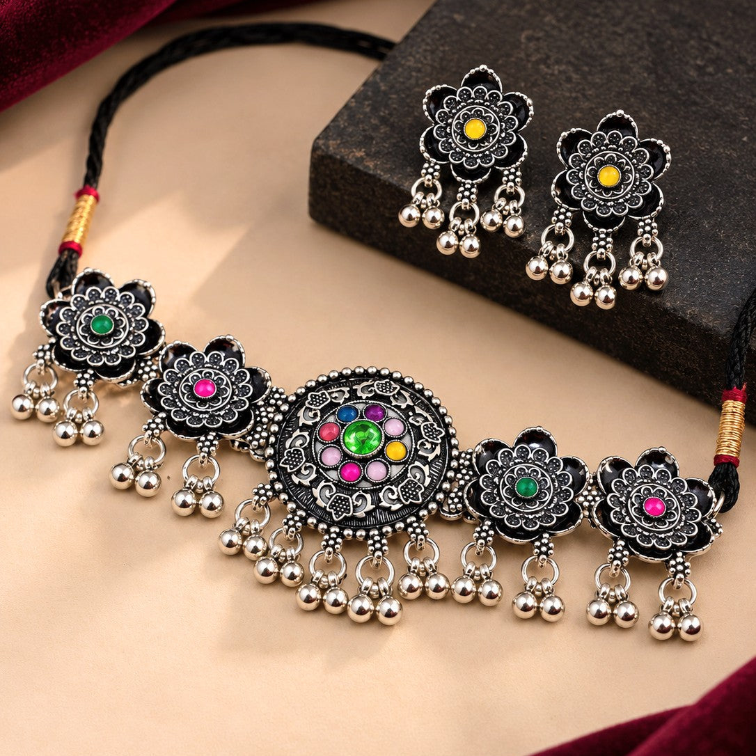 Oxidised Medallion Flower Ghungroo Choker Necklace