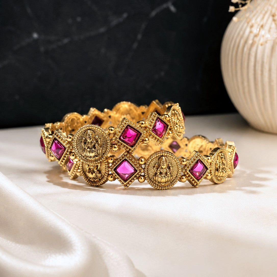 Coin Square Stone Bangle Pair