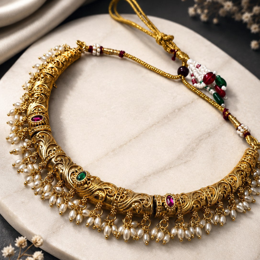 Scrollwork Pearl Fringe Necklace Set
