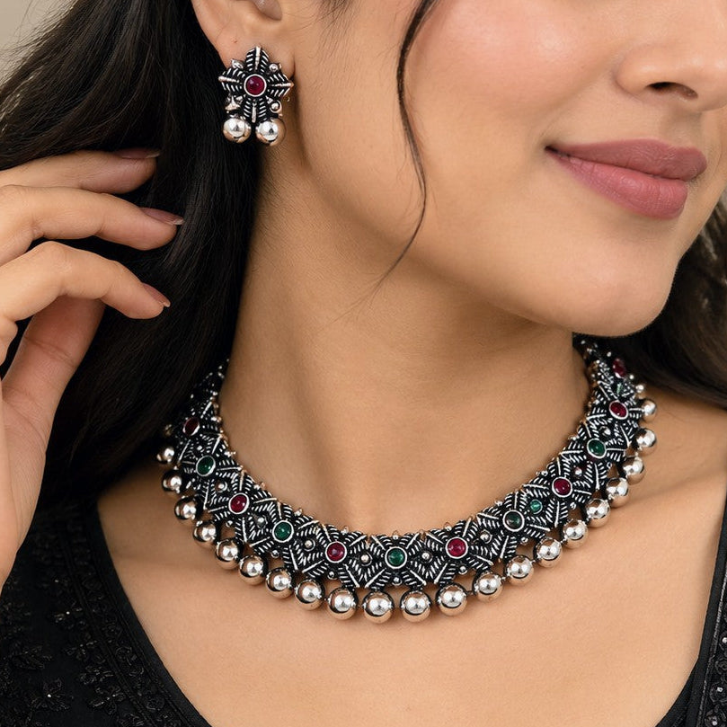 Oxidised Ball Fringe Stone Choker Necklace Set