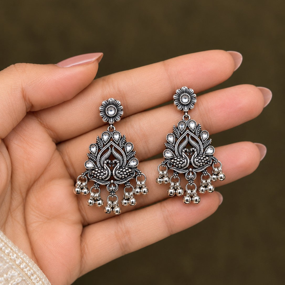 Oxidised Lotus Swan Kundan Long Necklace