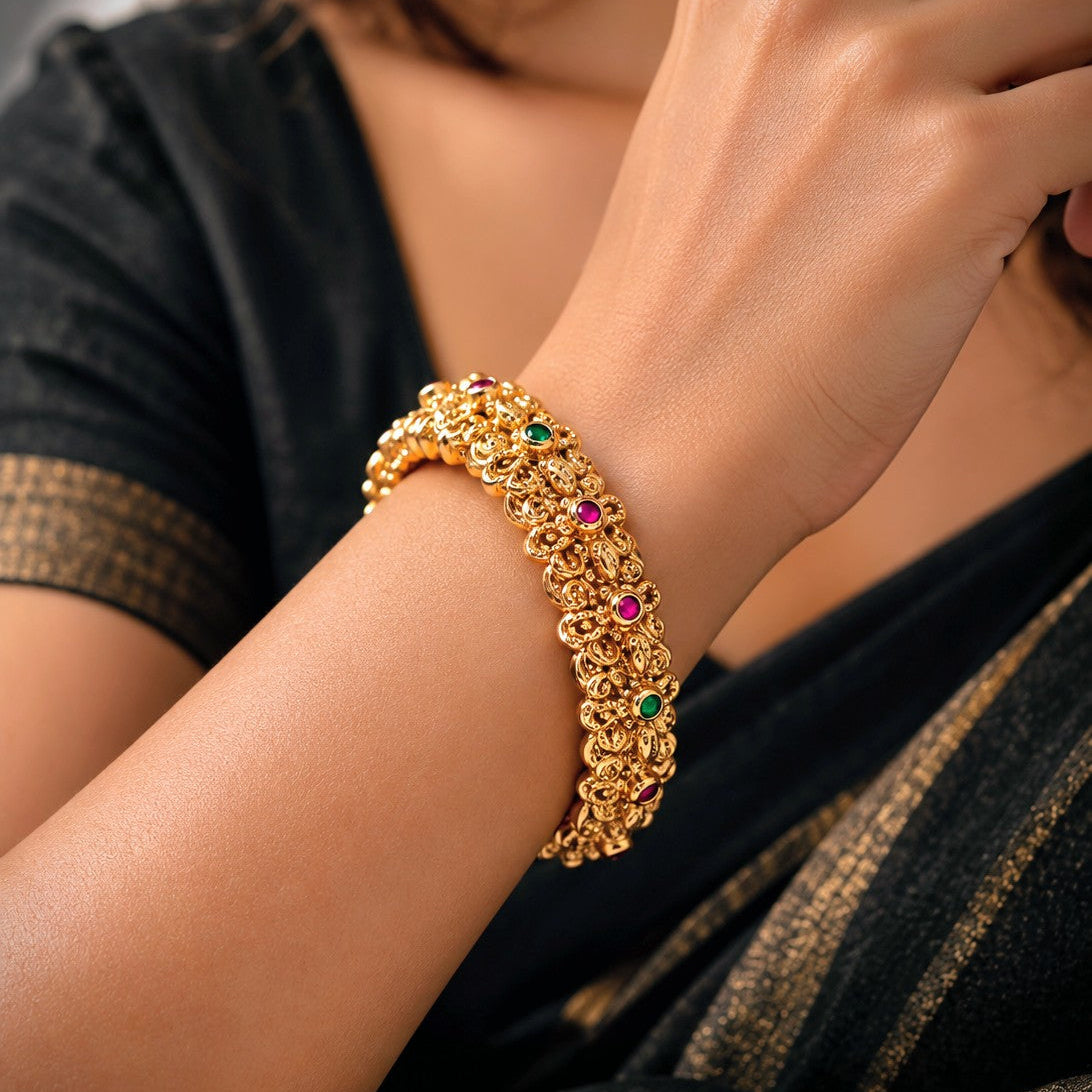 Floral Filigree Multi-Stone Bangle