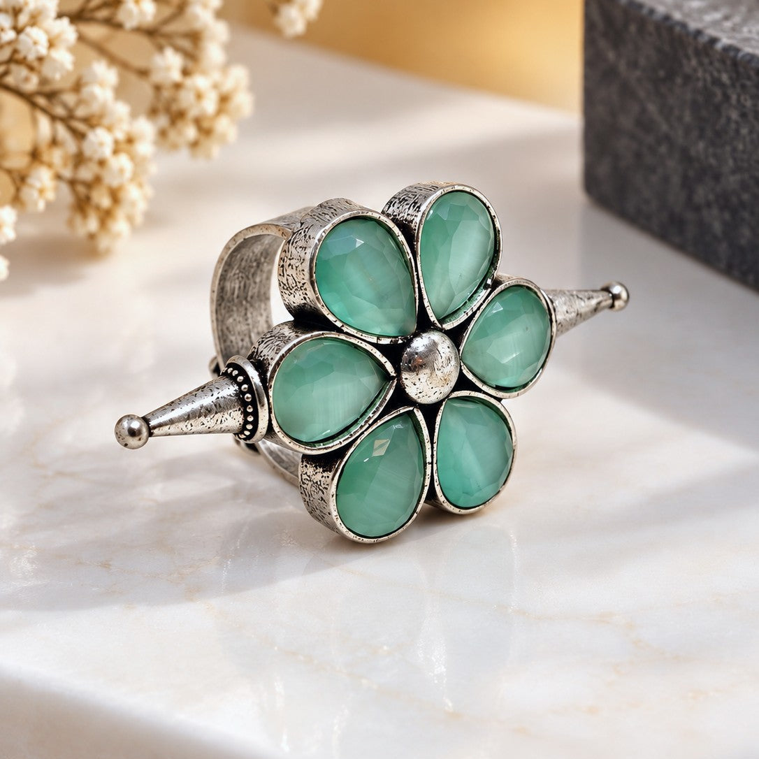 Oxidised Faceted Flower Ring