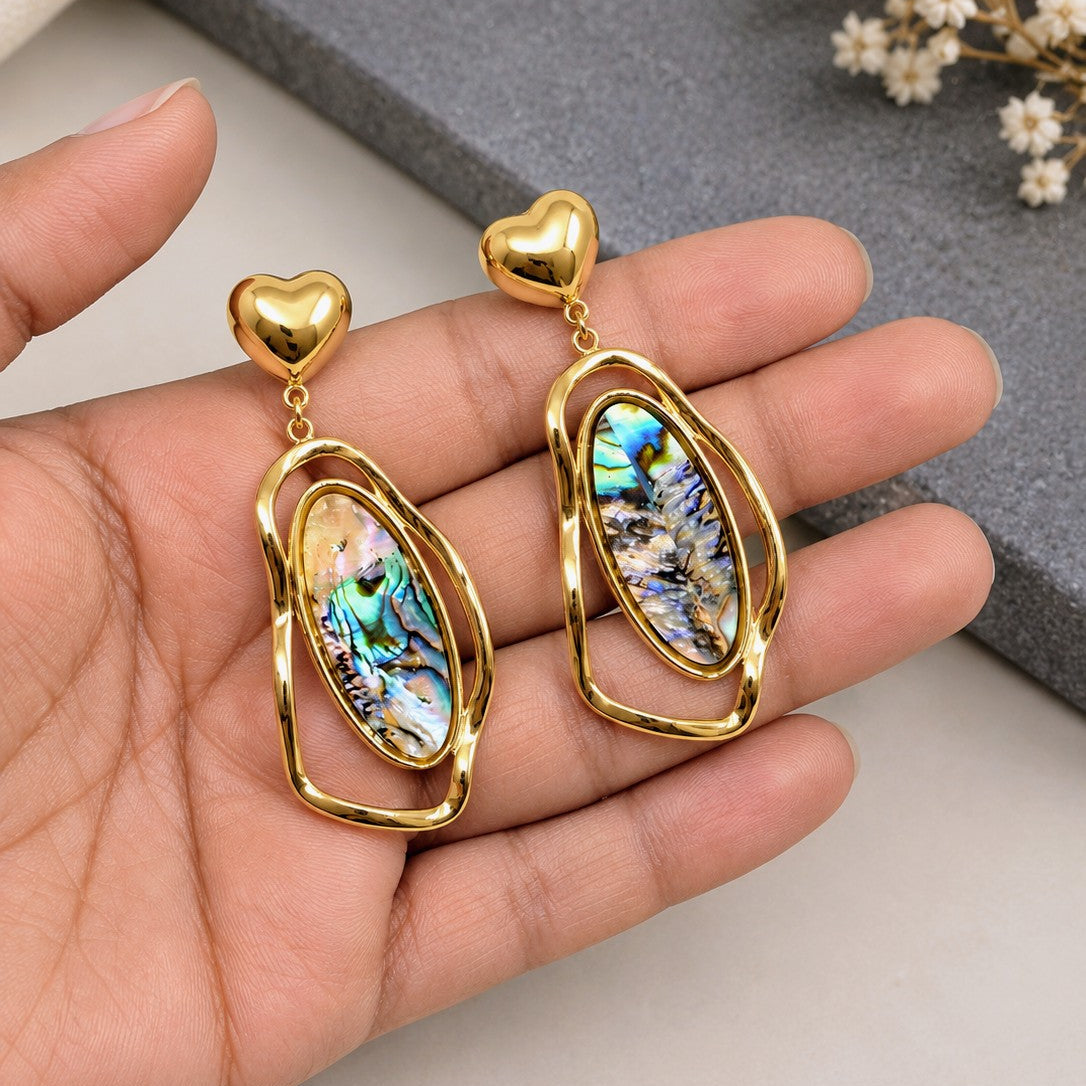 Heart Stud Abalone Finish Drop Earrings