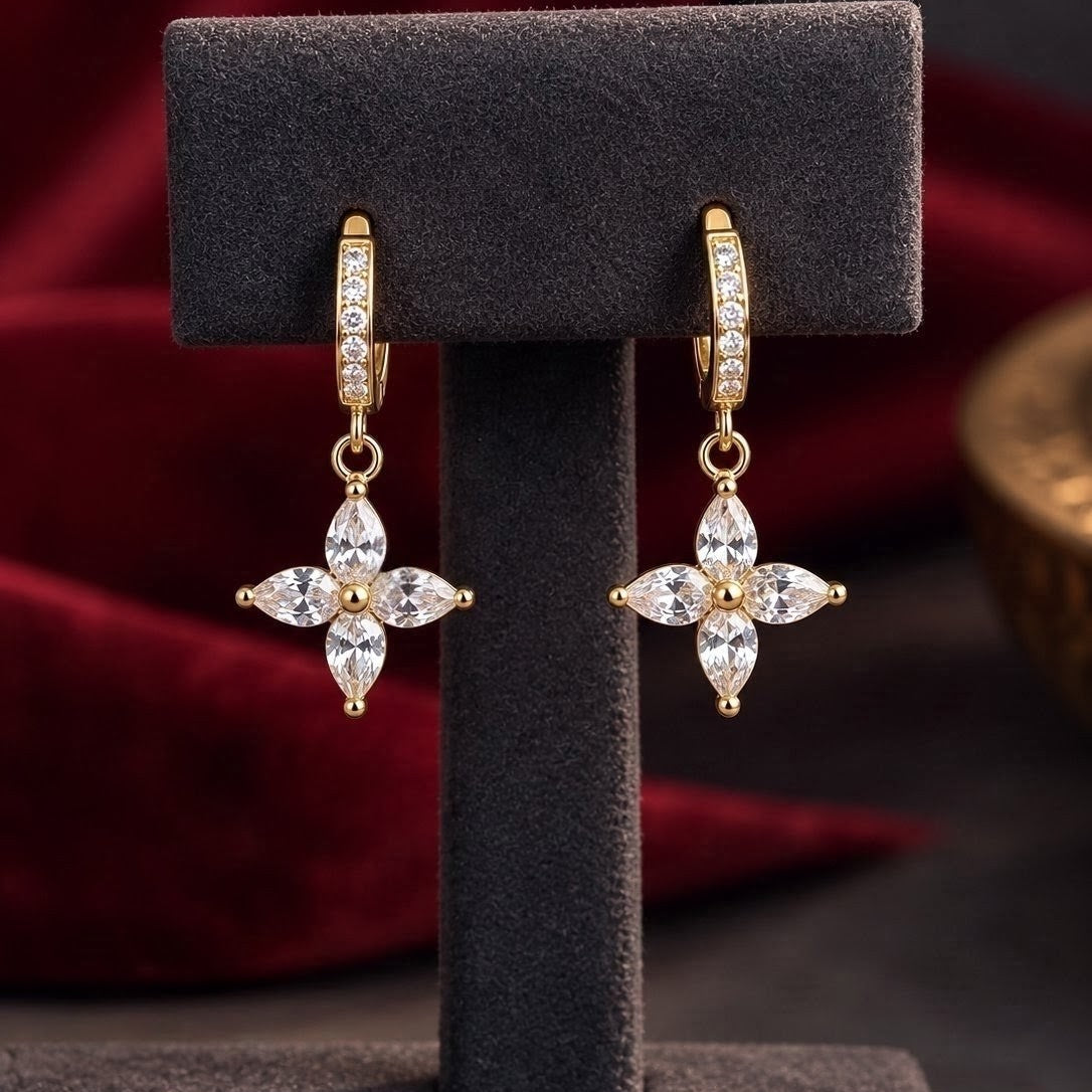 Marquise CZ Flower Huggies Drop Earrings