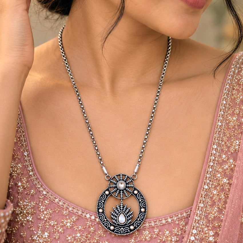 Oxidised Fern Leaf Circle Pendant Necklace