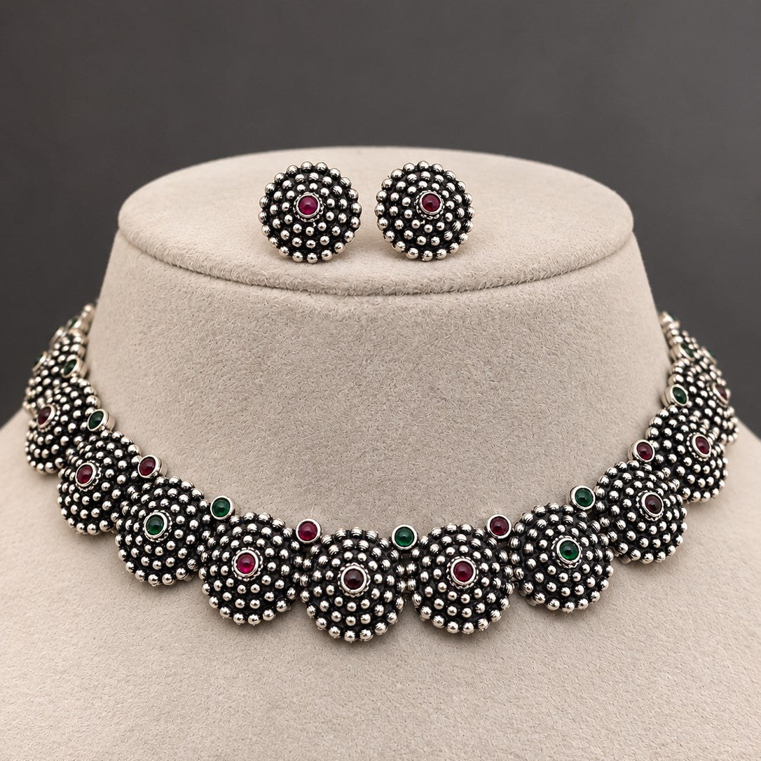 Oxidised Beaded Dome Stone Choker Necklace Set