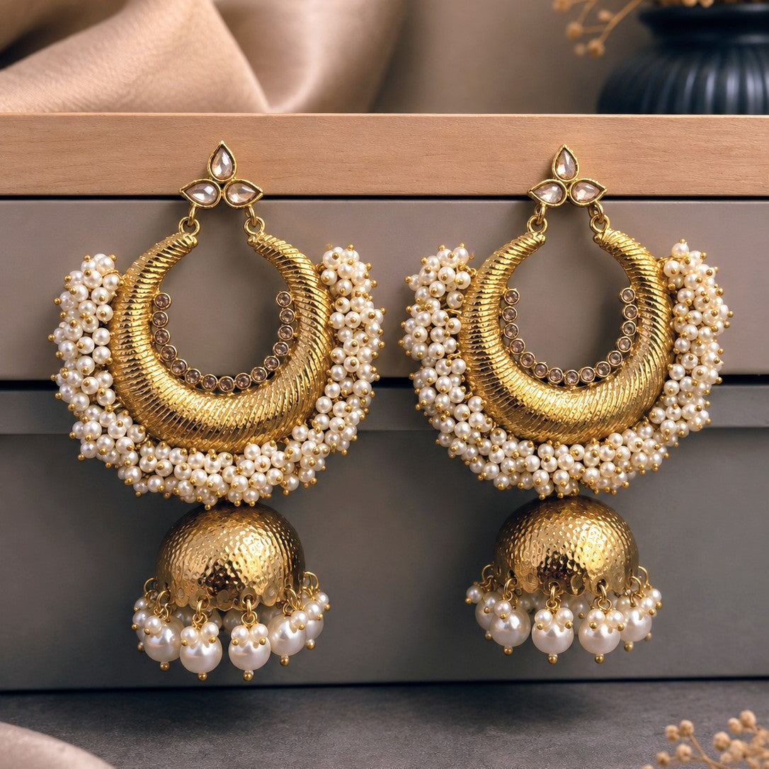 Chandbali Pearl Jhumka Earrings