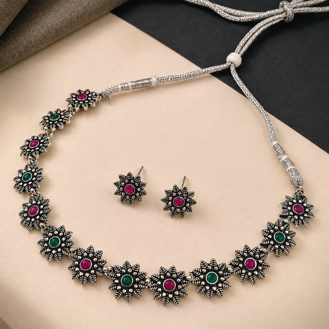 Oxidised Star Flower Stone Choker Necklace Set
