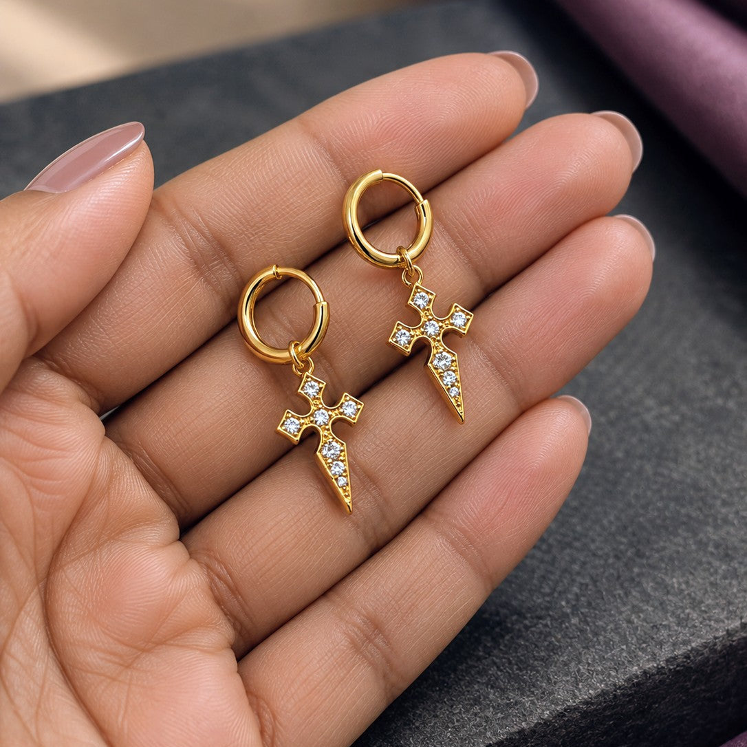 Gothic Dagger Cross Huggies Drop Earrings
