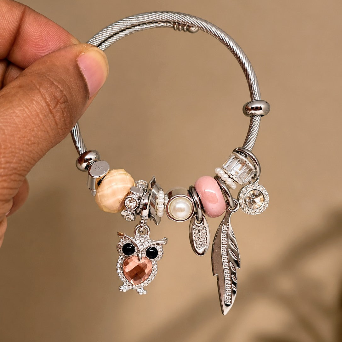 Champagne Owl Feather Charm Bangle