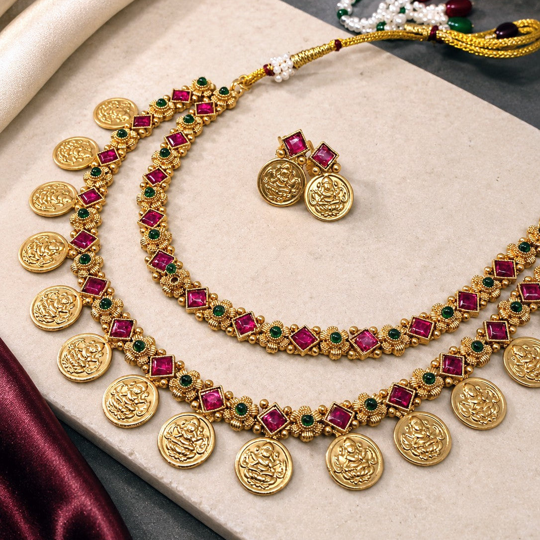 Floral Coin Charm Necklace Set