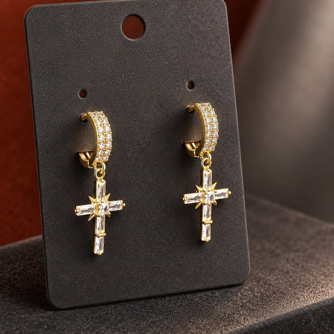 Baguette CZ Cross Huggies Drop Earrings