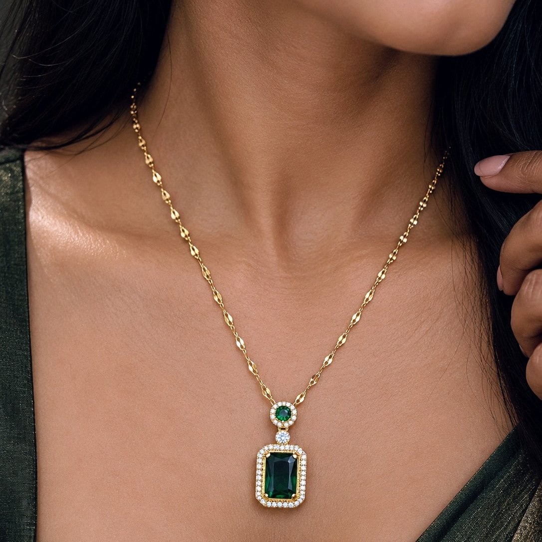 Emerald Cut Halo Pendant Necklace