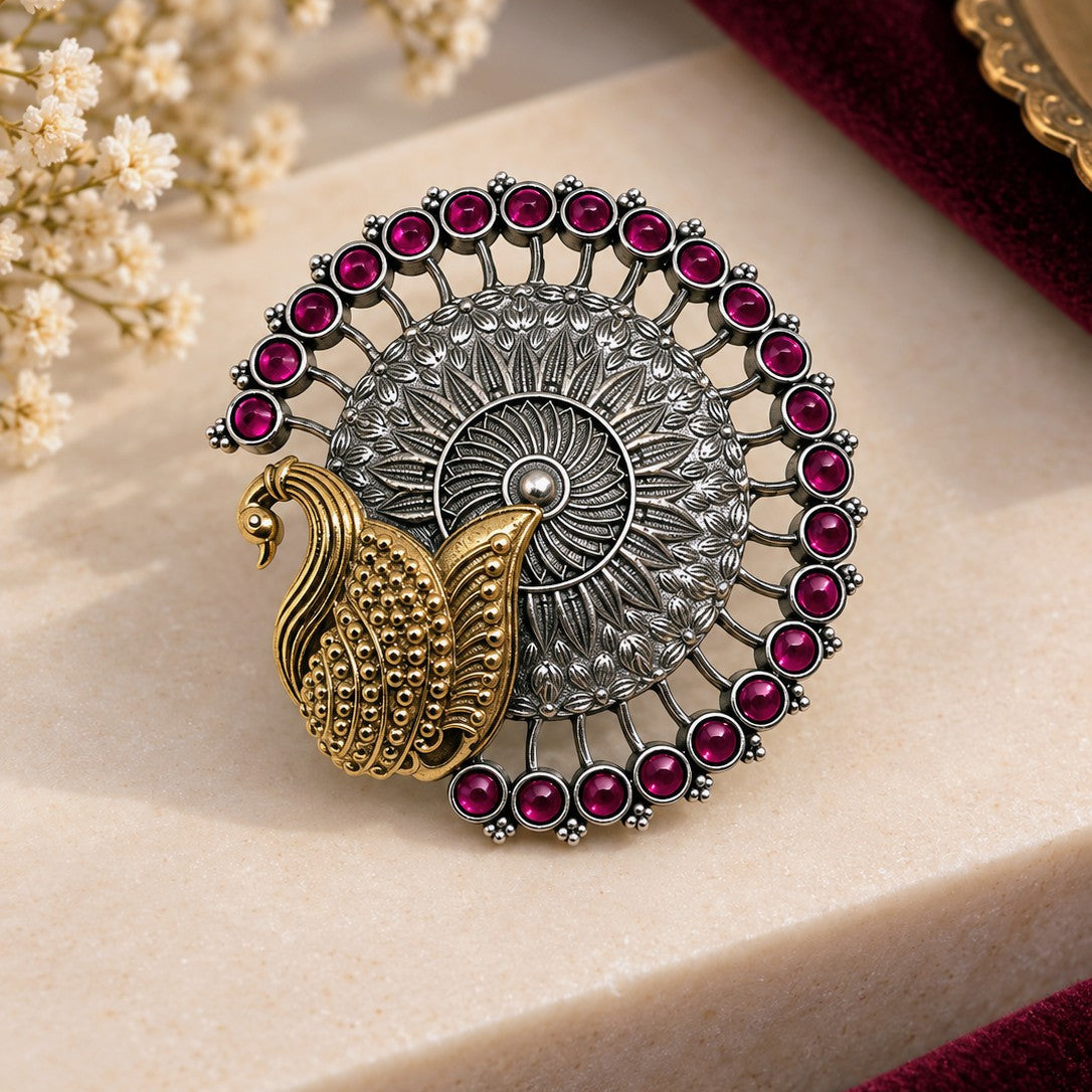 Oxidised Peacock Medallion Ring