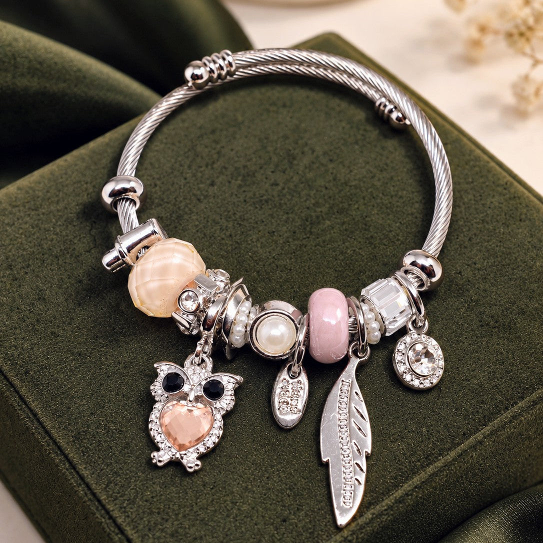Champagne Owl Feather Charm Bangle
