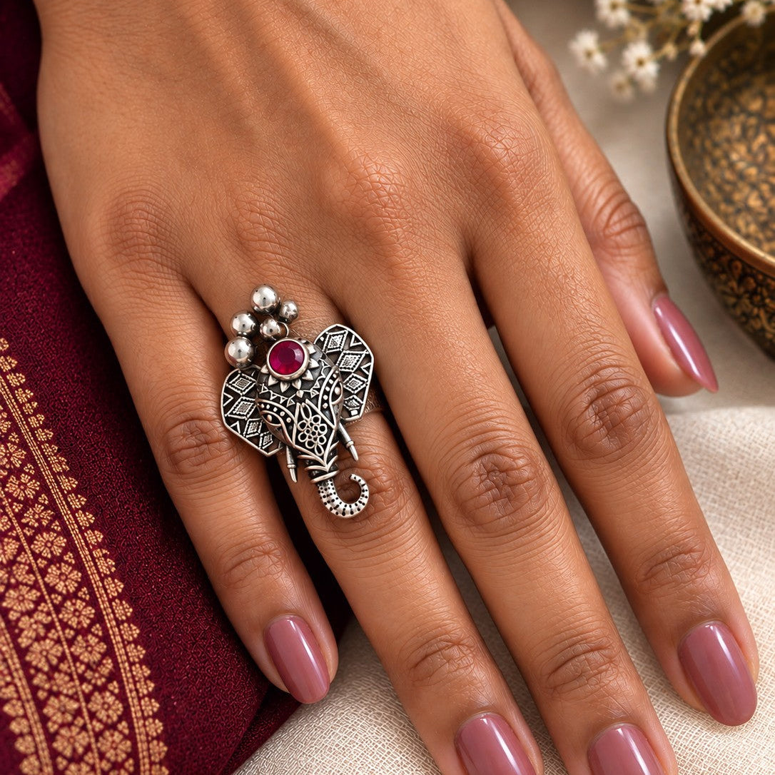 Oxidised Elephant Floral Ring