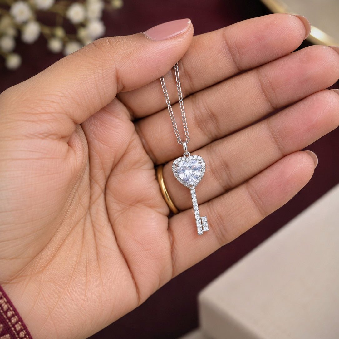 Silver Plated Heart Key Pendant Necklace