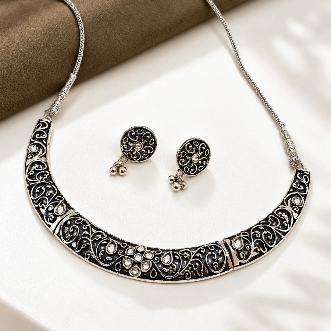 Oxidised Filigree Kundan Hasli Necklace Set