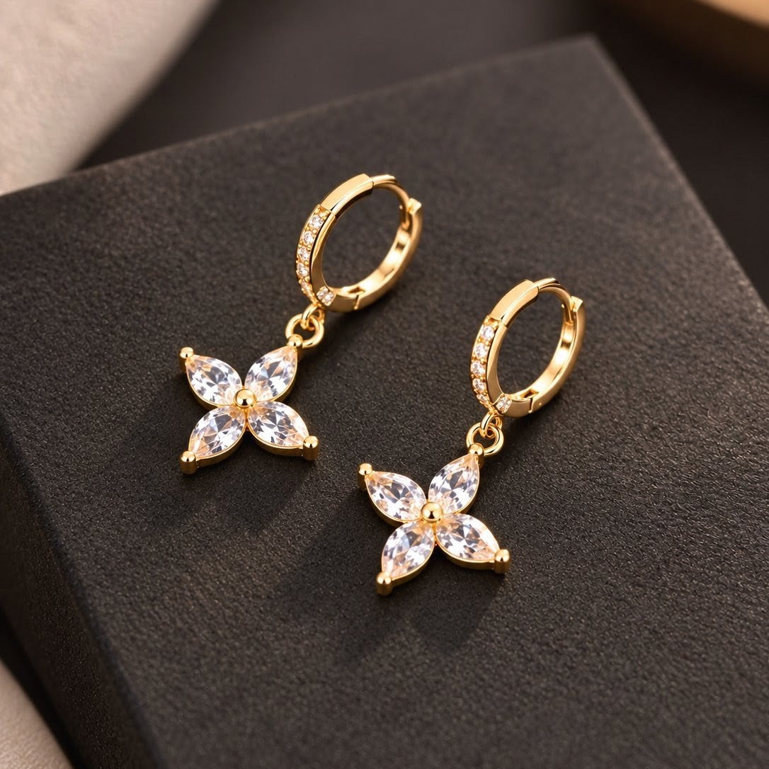 Marquise CZ Flower Huggies Drop Earrings