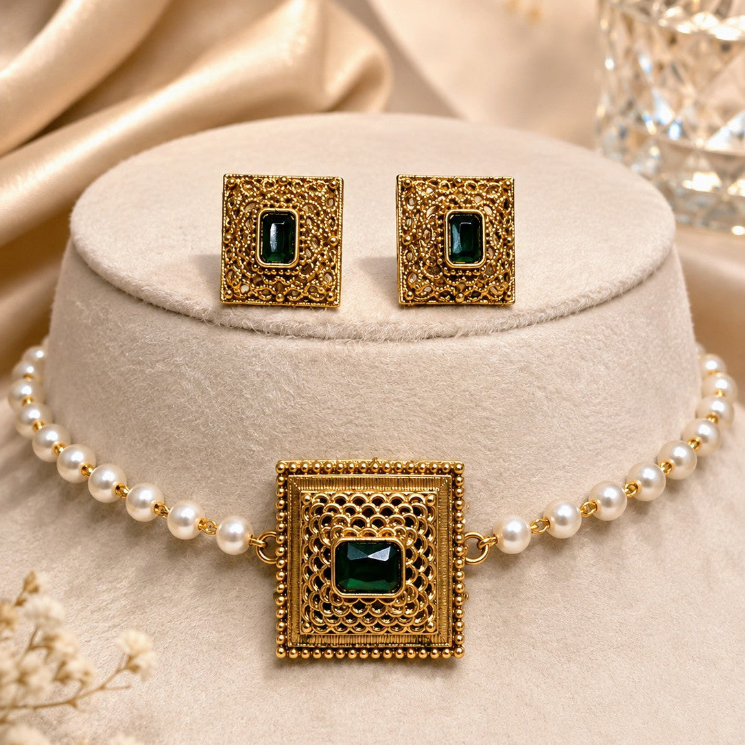 Square Filigree Pearl Necklace Set