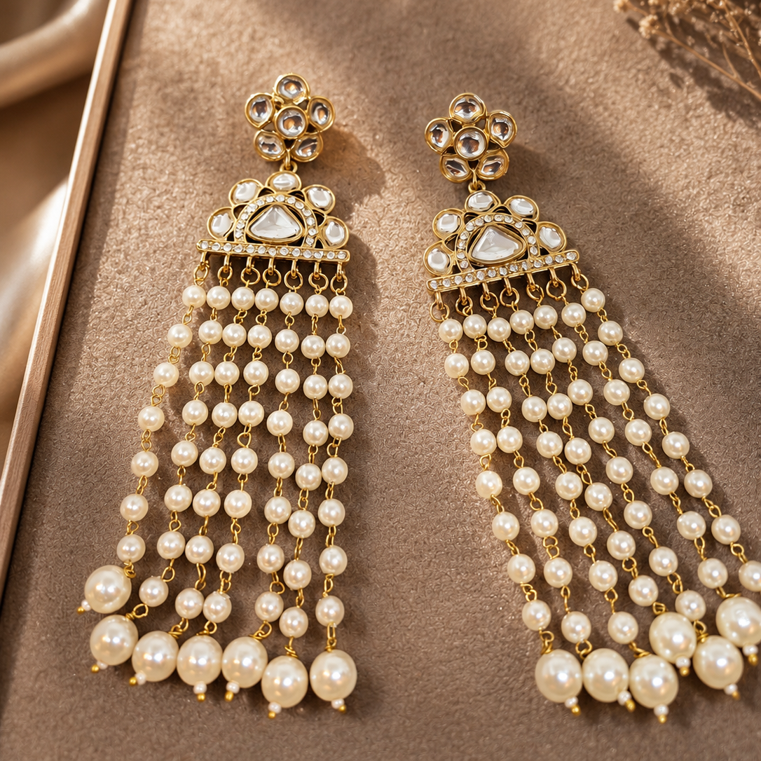 Kundan Pearl Tassel Earrings