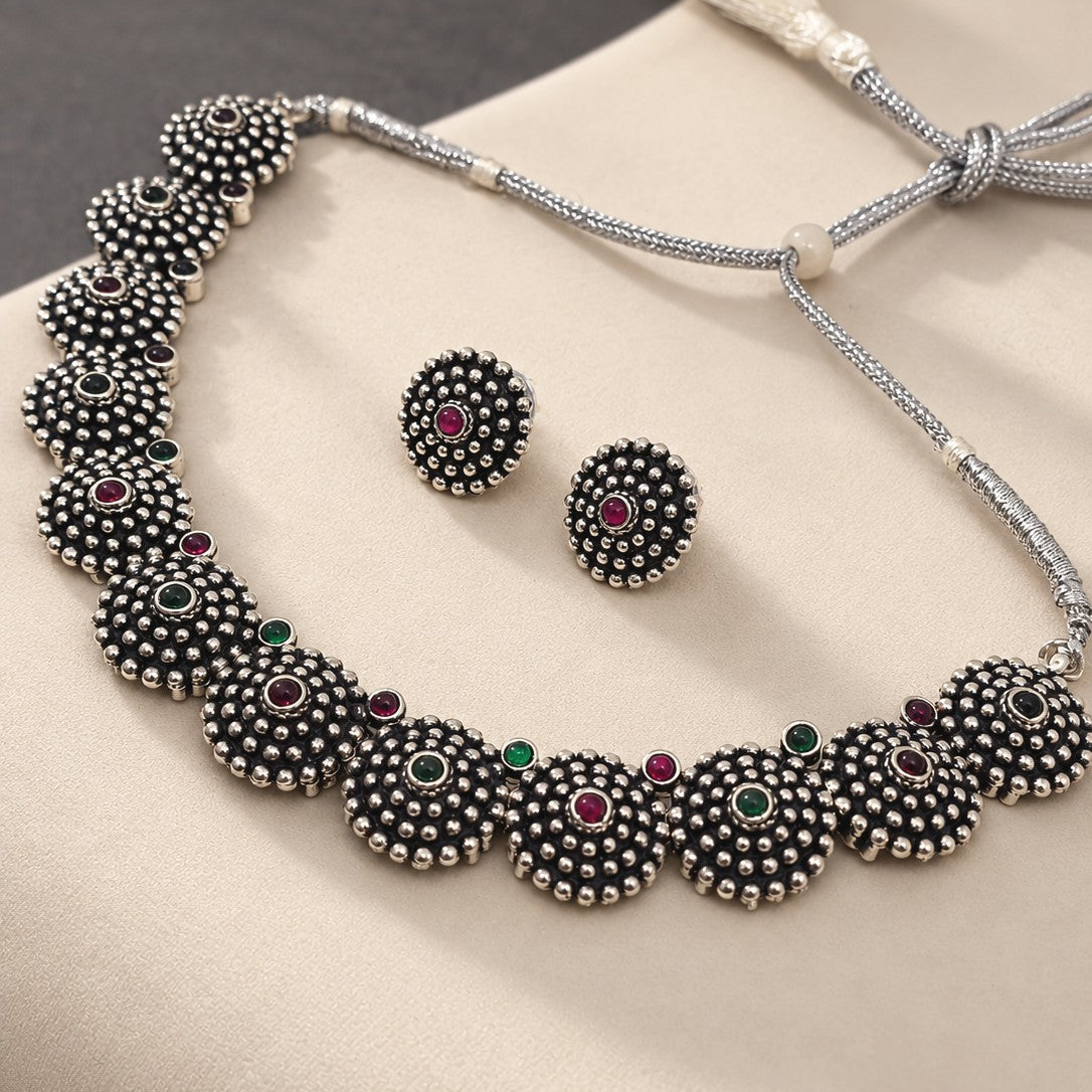 Oxidised Beaded Dome Stone Choker Necklace Set