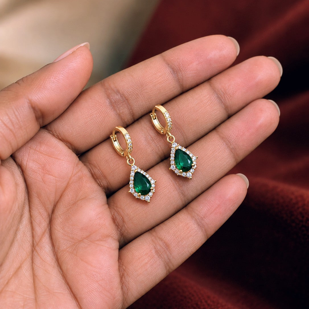Pear Cut Halo Huggies Drop Earrings