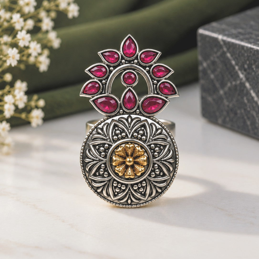 Oxidised Medallion Crown Ring