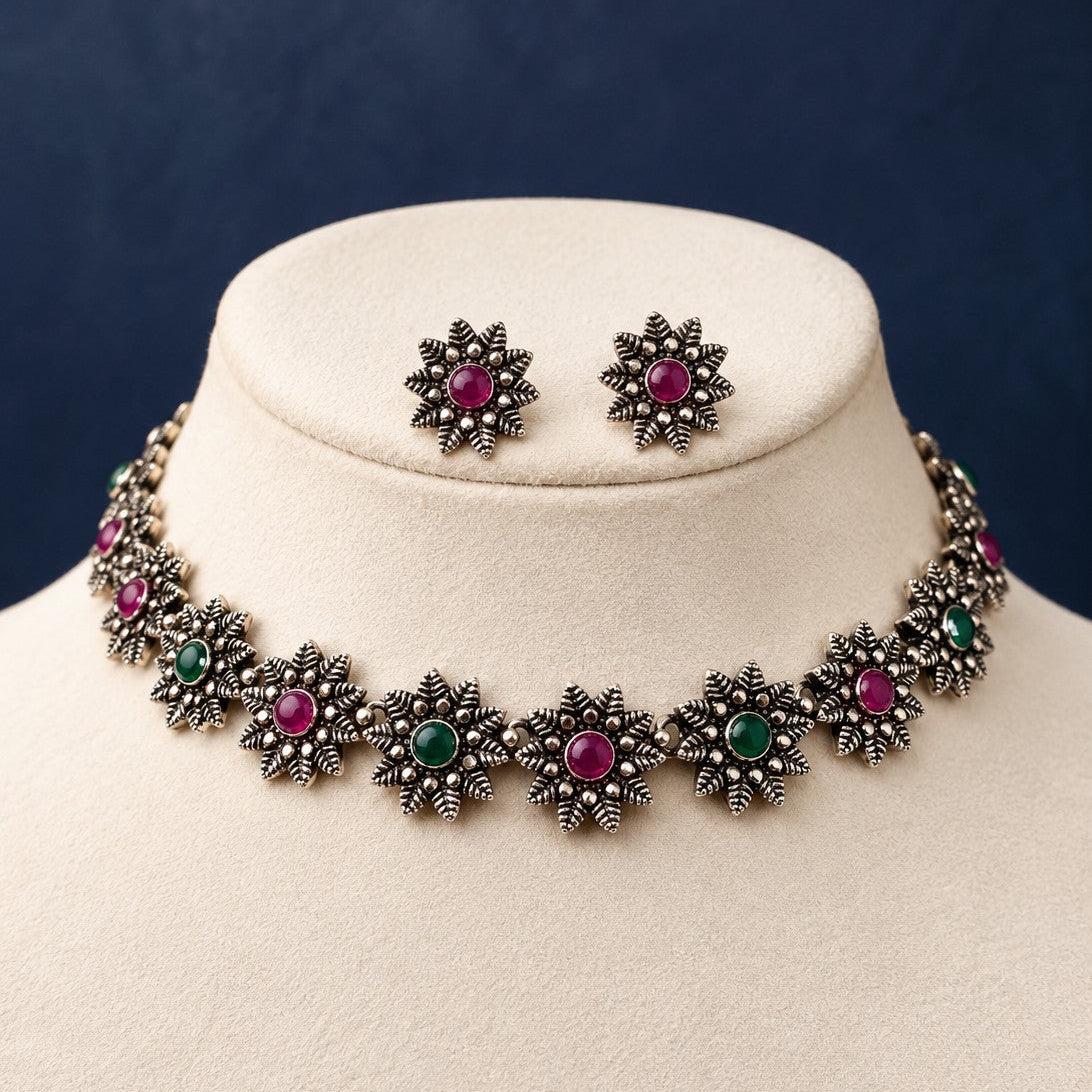 Oxidised Star Flower Stone Choker Necklace Set