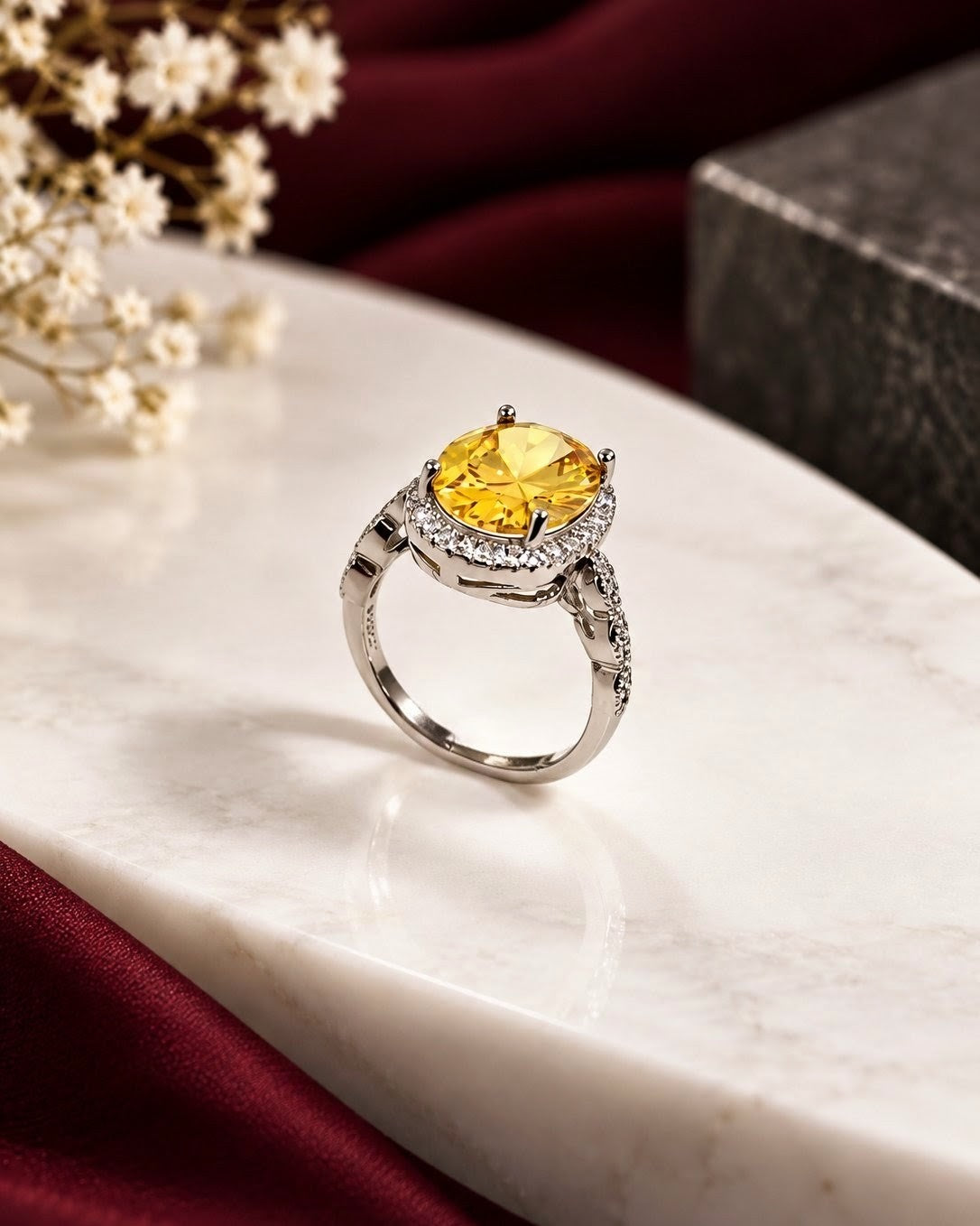 A silver-toned halo ring featuring a large, round-cut yellow gemstone, displayed on a white marble slab with red satin fabric and dried flowers in the background.