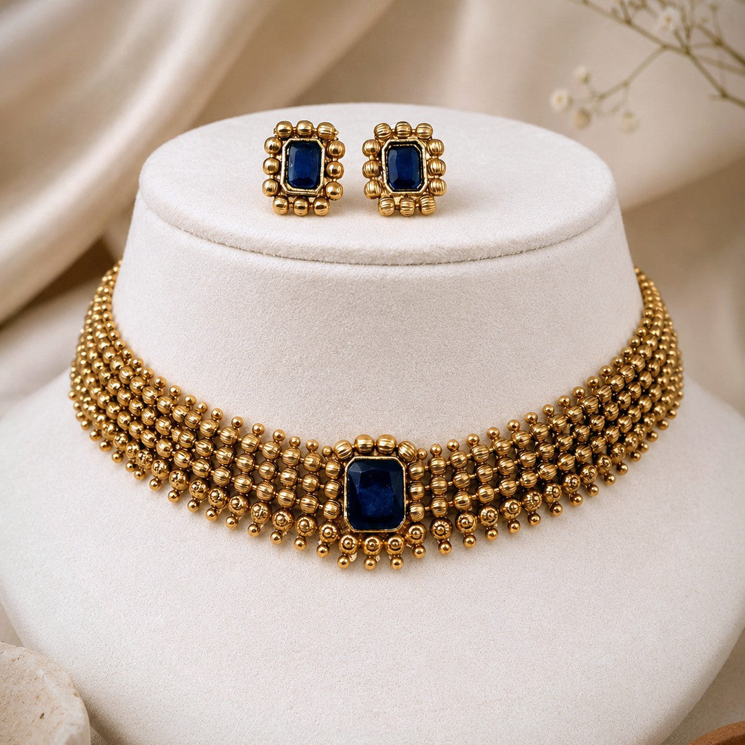 Beaded Blue Stone Necklace Set