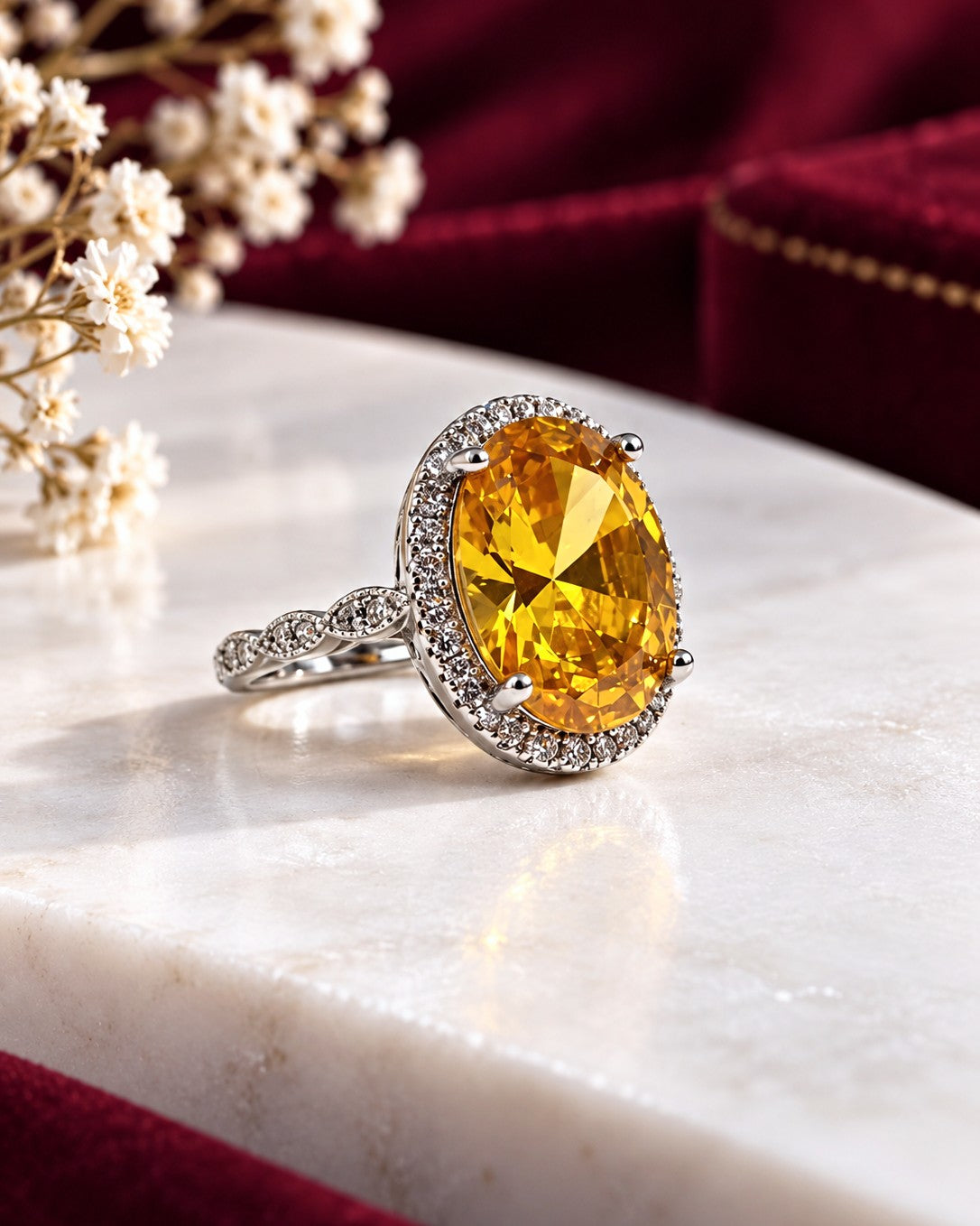 An oval yellow gemstone ring with a silver halo and band, resting on a white marble slab with a deep red velvet background and dried white flowers.