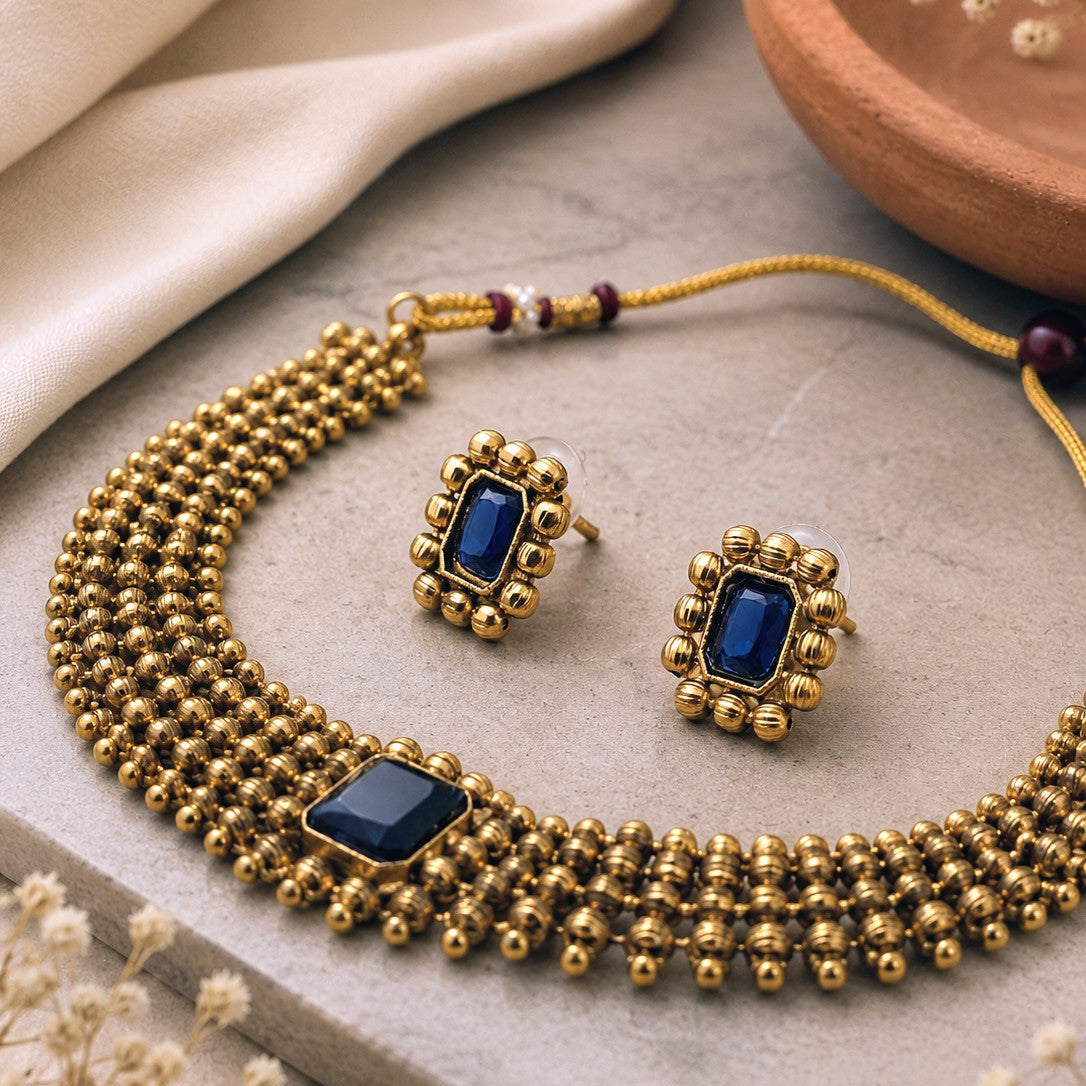 Beaded Blue Stone Necklace Set