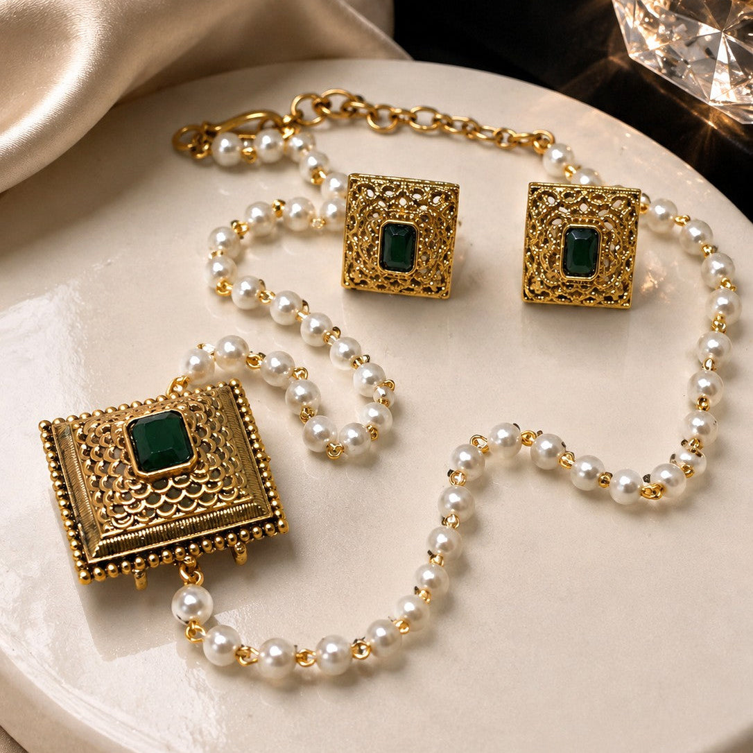 Square Filigree Pearl Necklace Set