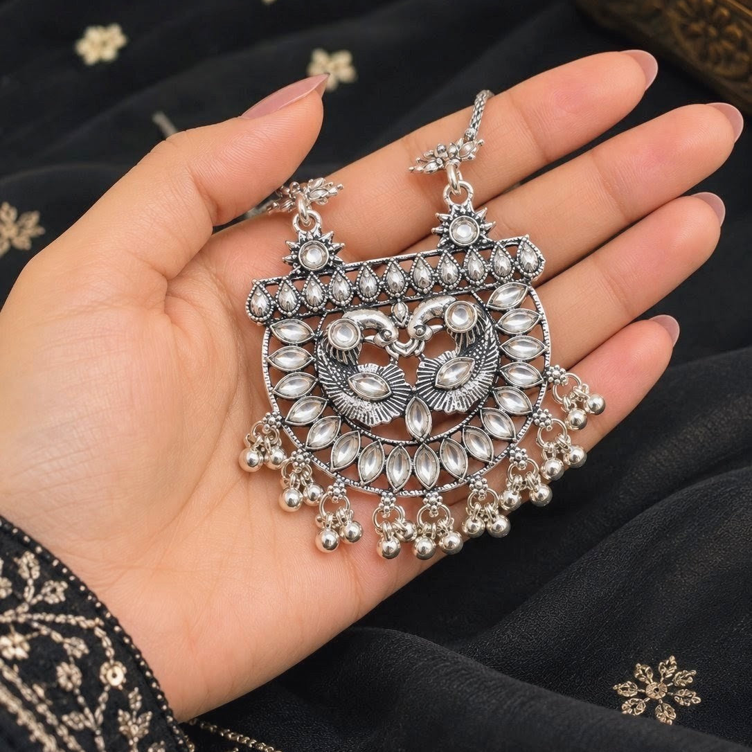 Oxidised Peacock Kundan Long Necklace
